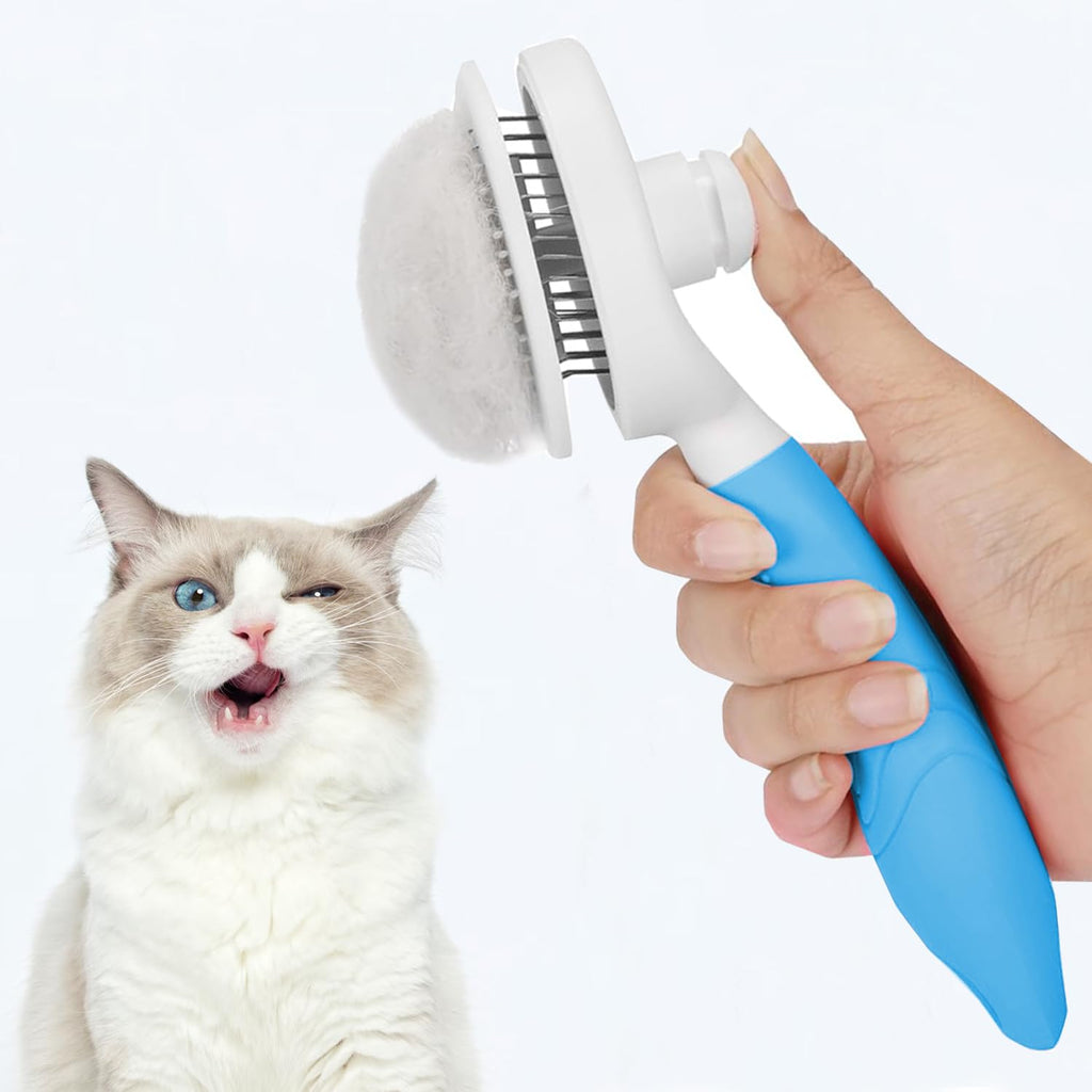 Escova auto-limpante para cães e gatos com botão de limpeza, sobre fundo neutro