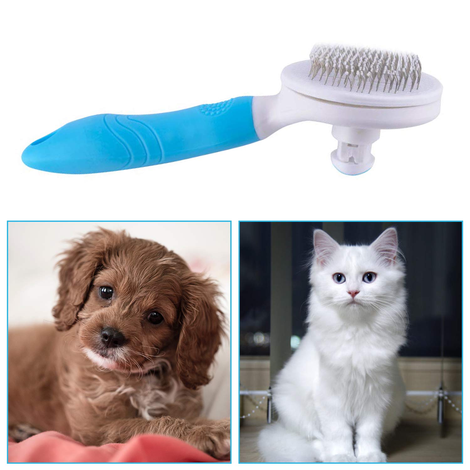 Escova auto-limpante para cães e gatos com botão de limpeza, sobre fundo neutro