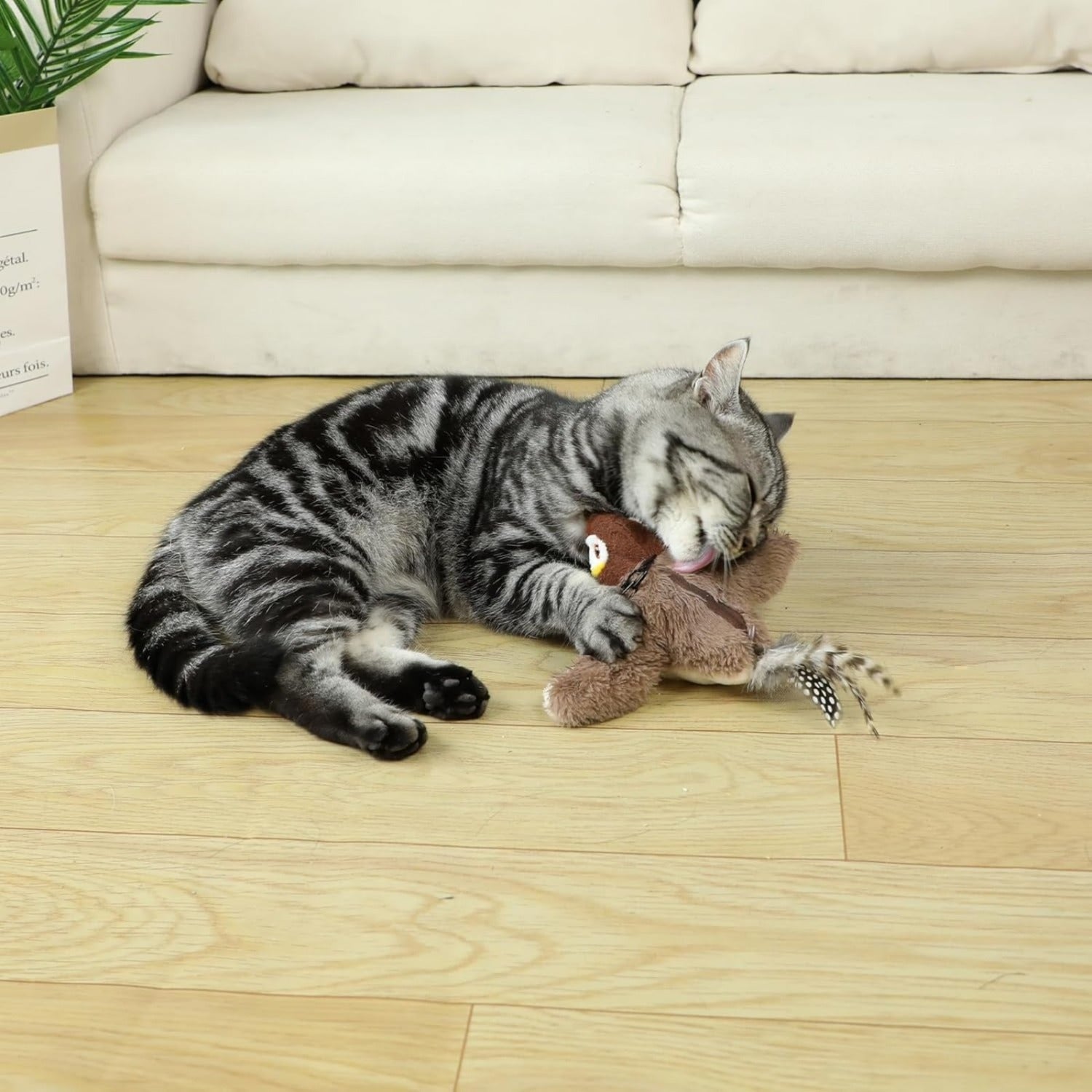 Brinquedo elétrico em forma de pássaro com catnip para gatos, recarregável via USB, em uso por gato doméstico